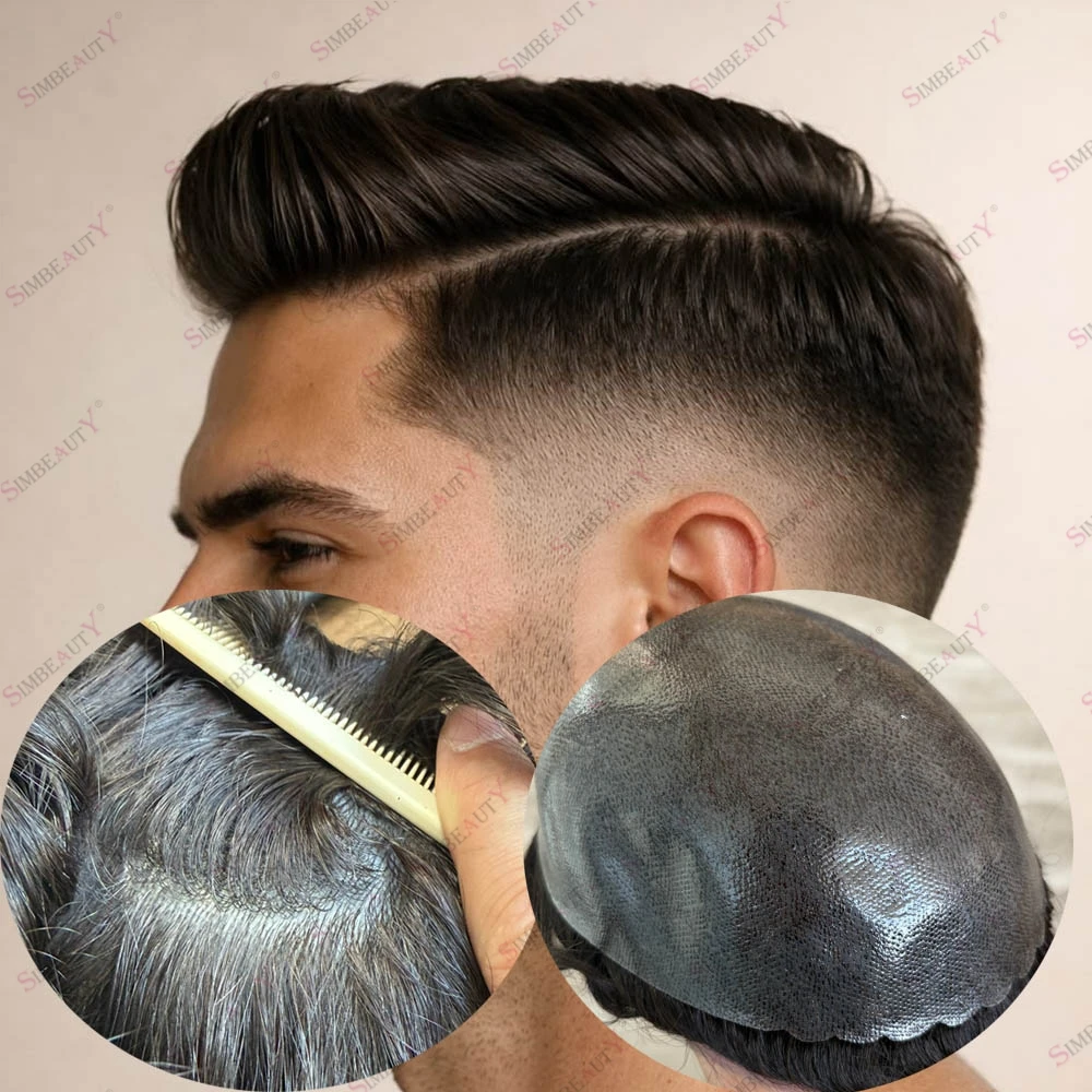 

Undetectable Realistic Thin Skin Human Hair Toupee for Bald Man Strong Silicon PU Male Human Hair Replacement 0.1mm Poly Protese