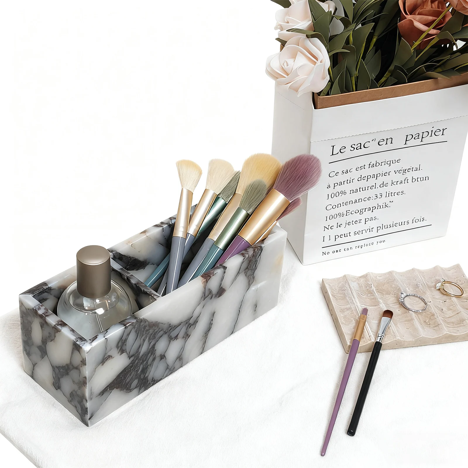 منظم سطح المكتب الفاخر من الرخام الطبيعي كالكاتا فيولا، صينية حجرية متعددة الطبقات للأقلام، فرش المكياج، منظم المجوهرات