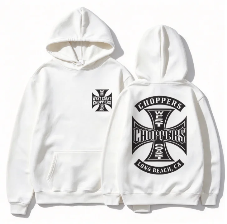 2026 Black Fleece Casual Hooded Top, Retro Cross Symbol Biker Art Printed Front & Back, Unisex Loose Pullover