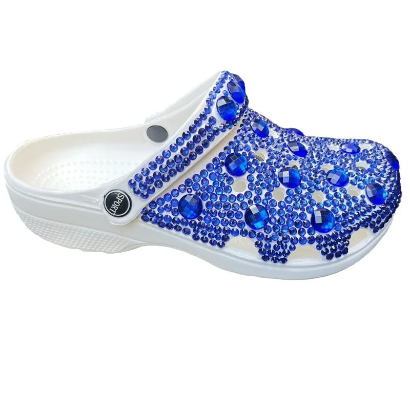 36-42 Size New Hole Shoes Women's Summer Shoes Handmade Diamond-encrusted Women's Sandals, Royal Blue Rhinestone Slippers