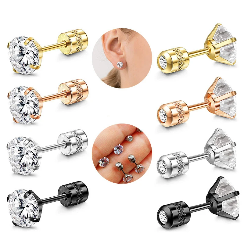 1PCS Screw Ear Studs Earrings Stainless Steel Double Crystal Zircon Korean Earrings For Women Anti Allergic Body Jewelry