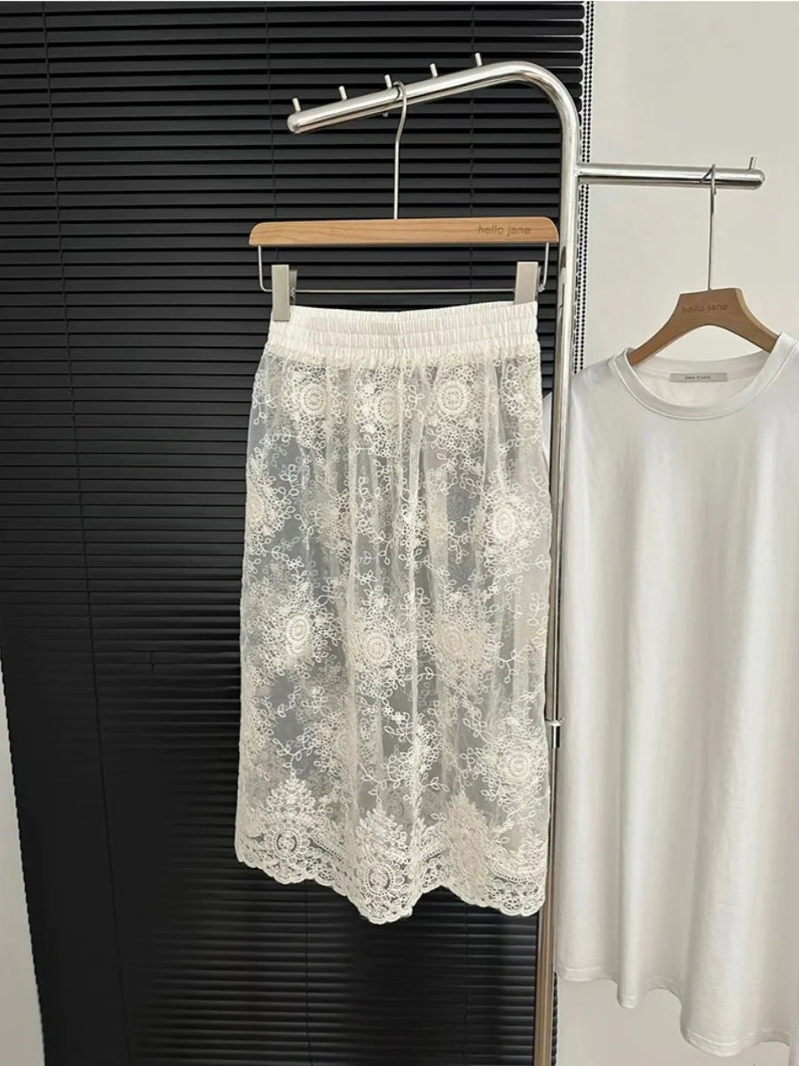 

Летний повседневный комплект Женская однотонная круглая футболка Ne ort Sve Белая кружевная юбка Комплект из двух предметов для поездок на работу Корейский Sle H...