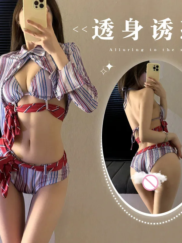 Femme été fille chaude rayé pur désir Bikini taille haute Sexy uniforme Bikinis maillot de bain femmes maillots de bain Sexy femmes J8CX