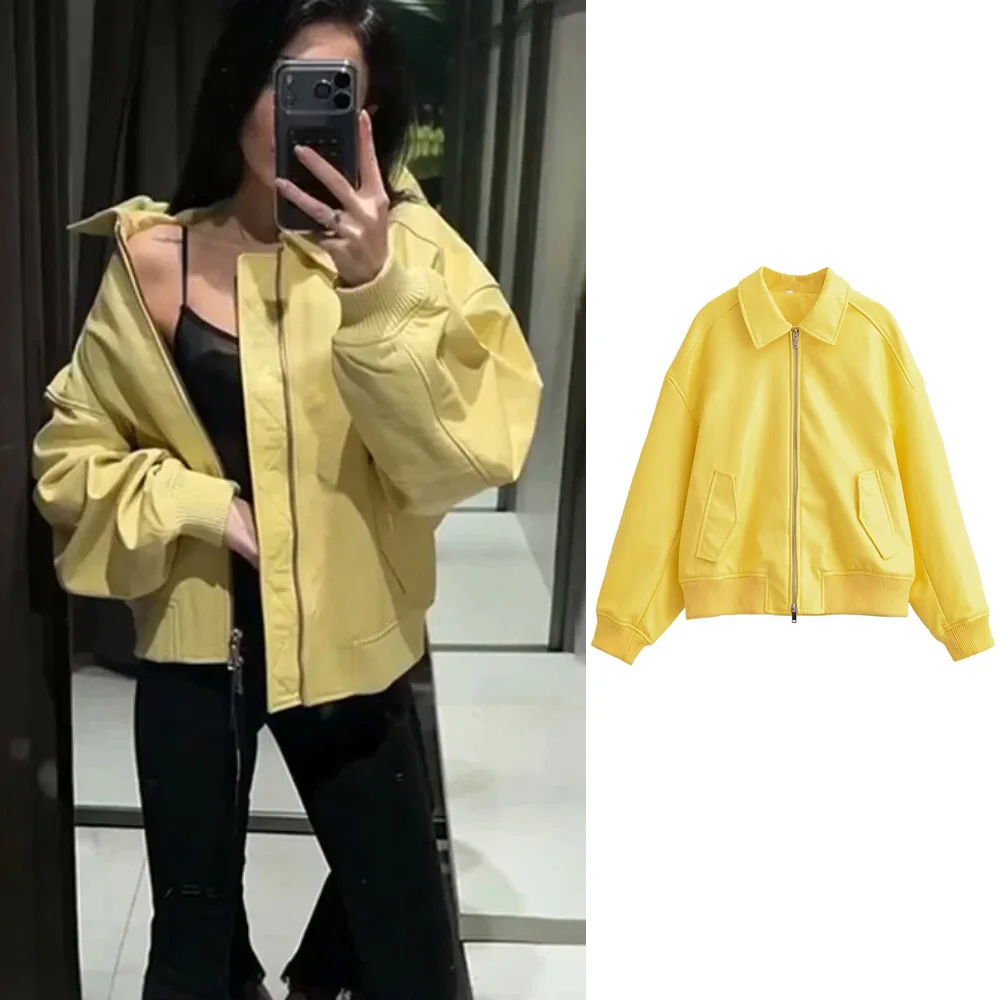 Yellow Pu Leather Women's Jacket Vintage Lapel Zipper Pocket Cargo Jackets Baggy Lady Short Outwear 2026 Spring New Streetwear