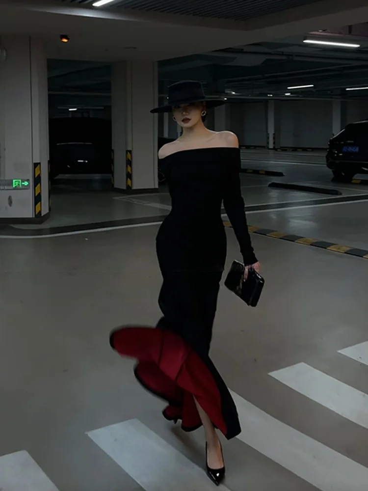 

Sexy One-Shoulder Tailored Red Base Dress Spring Summer Fish Tail Skirt Women's Clothing Slim Fit Long Sleeve High Waist