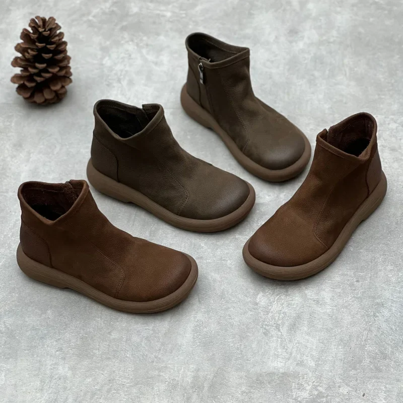 

Booties Cowhide Flat Vintage Leather Vintage Brown Zipper Old Man Shoes Winter Women's Shoes Riding Boots Ankle Boots