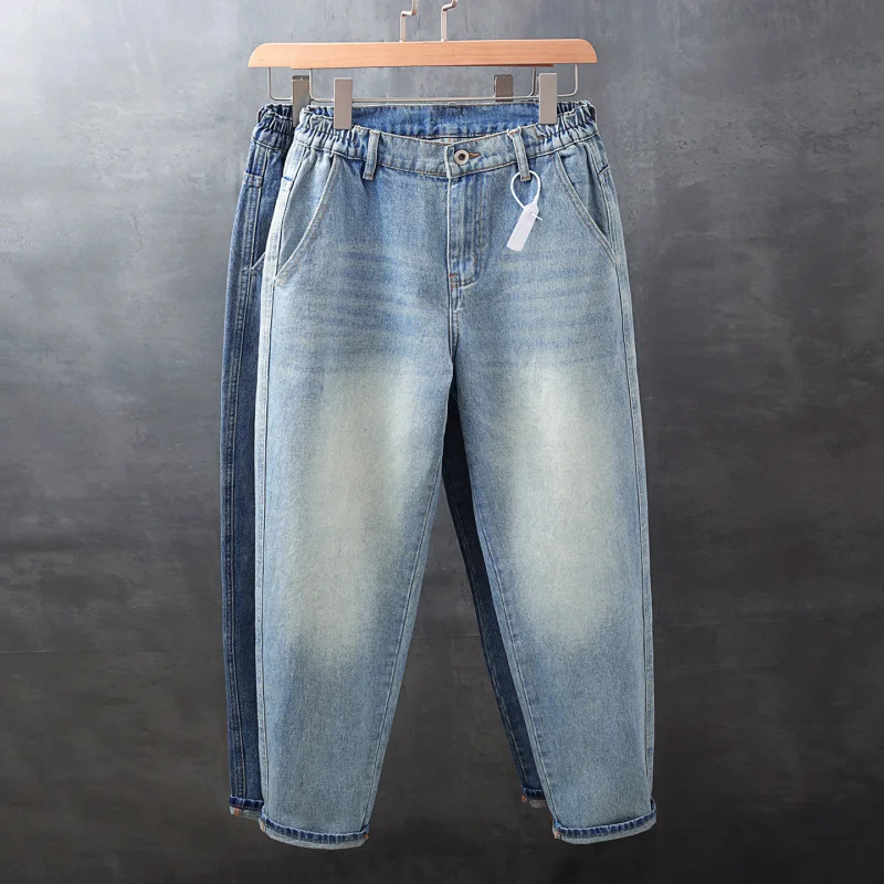 Spring and summer new Korean style minimalist men's denim pants, retro distressed washed loose fitting Haren small leg pants