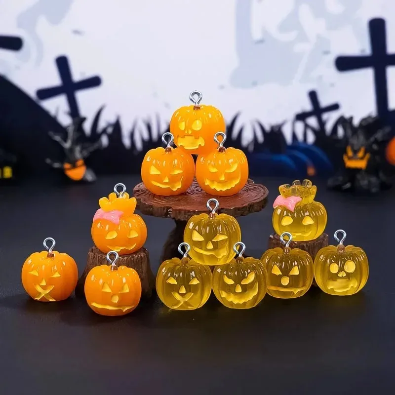 10Pcs Glow In The Dark Halloween Pumpkin Resin Charms Kawaii Luminous Pendants DIY Craft Supplies for Necklace Keychain