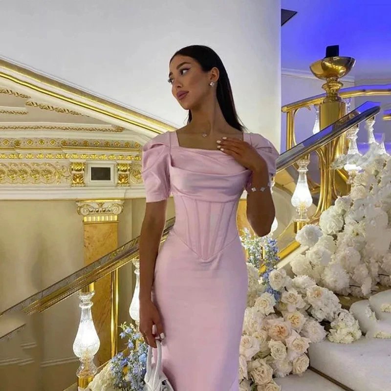 

Elegant Pink Mermaid Evening Dresses Cap Sleeves Prom Gown Satin Cocktail Gowns Formal Dresses Saudi Arabia Wedding Party Dress