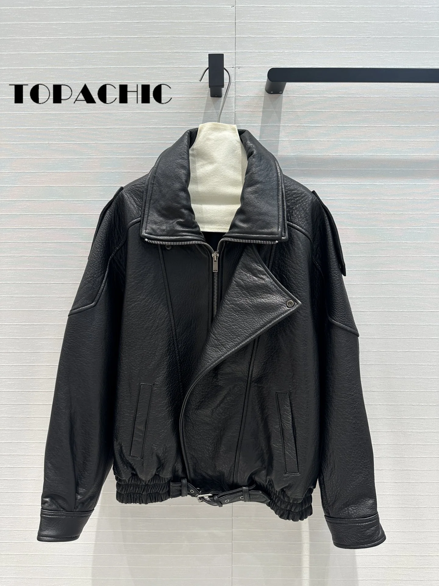 8.14 TOPACHIC-Women Classic Moto Biker Double Lapel Sheepskin Jacket Hem Sashes Elastic Collect Waist Zipper Long Sleeve Coat