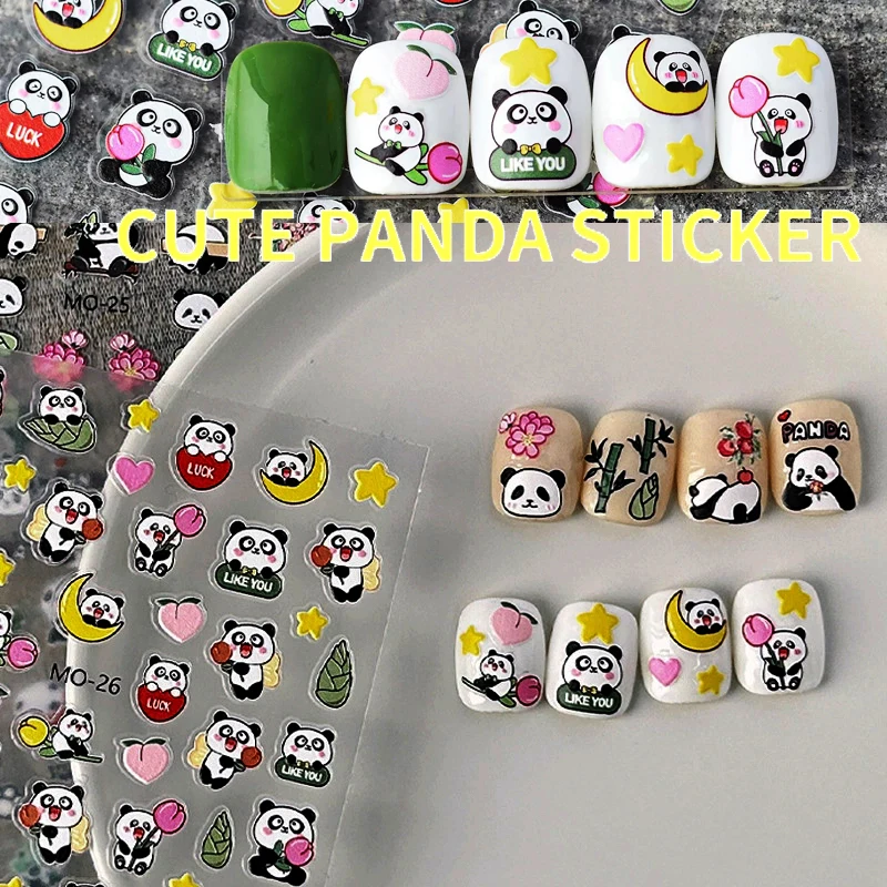

5D Relief Nail Art Sticker Dark Style Cartoon Panda Bamboo Black White Design Hollow Nail Decoration DIY Decal Accessories