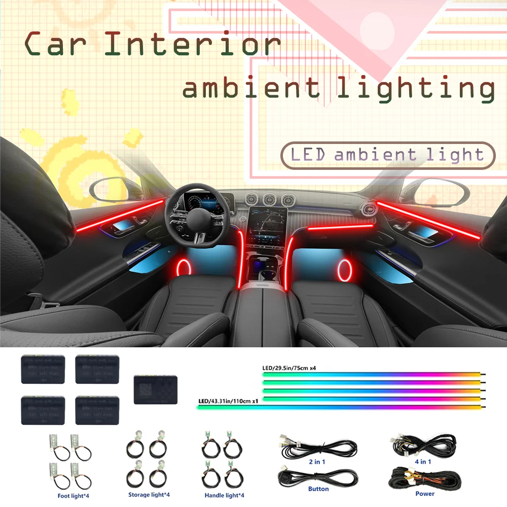

64 Color RGB Symphony Car Ambient Light Interior Acrylic Guide LED Strip Light Decoration Atmosphere Lamp by APP Control
