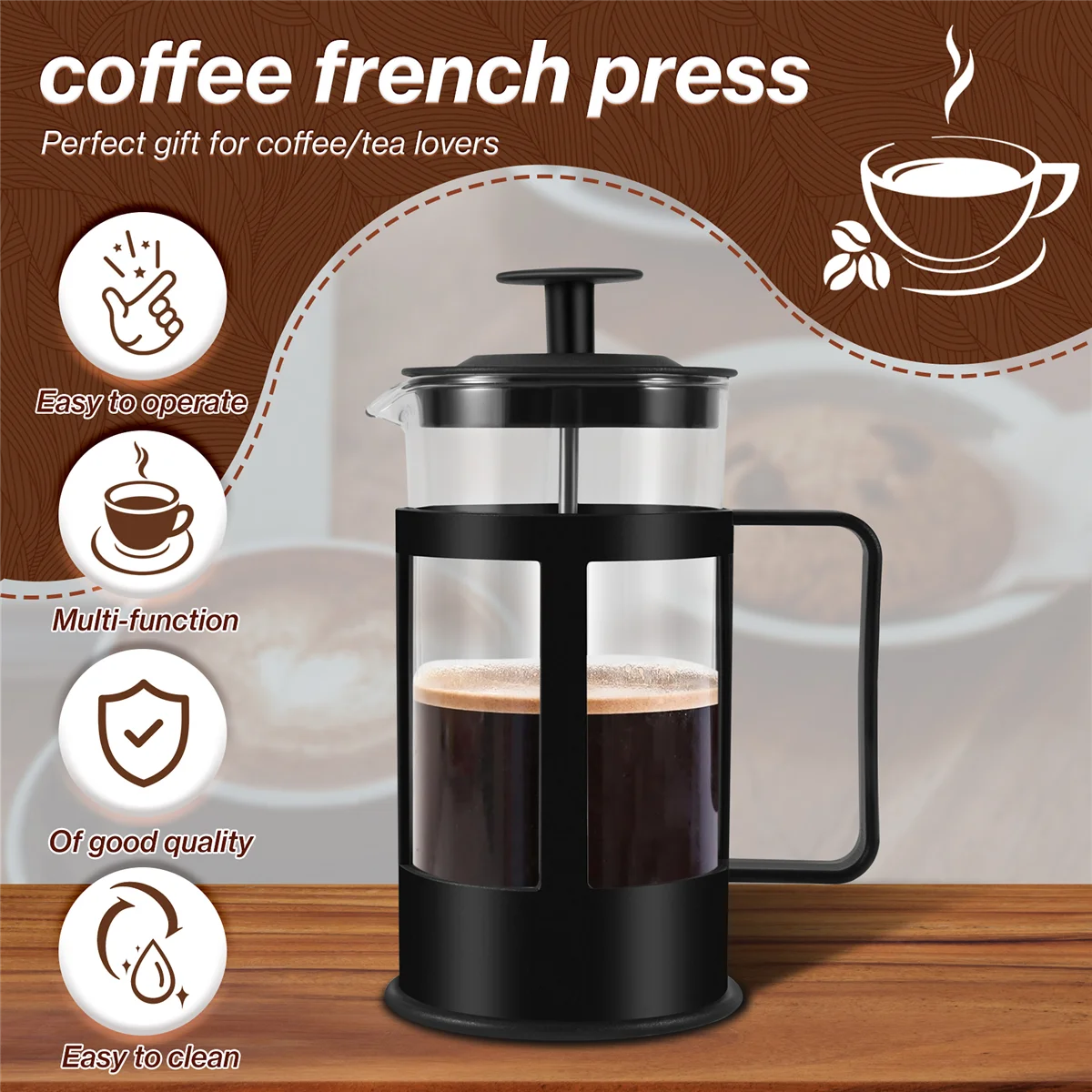 French Press Coffee & Tea Maker 12Oz, Thickened Borosilicate Glass Coffee Press Rust- and Dishwasher Safe