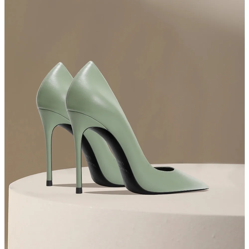 أحذية نسائية جديدة لعام 2025 بكعب عالٍ باللون الأخضر الداكن بمقدمة مدببة أحذية نسائية من الجلد الطبيعي بكعب ستيليتو #2