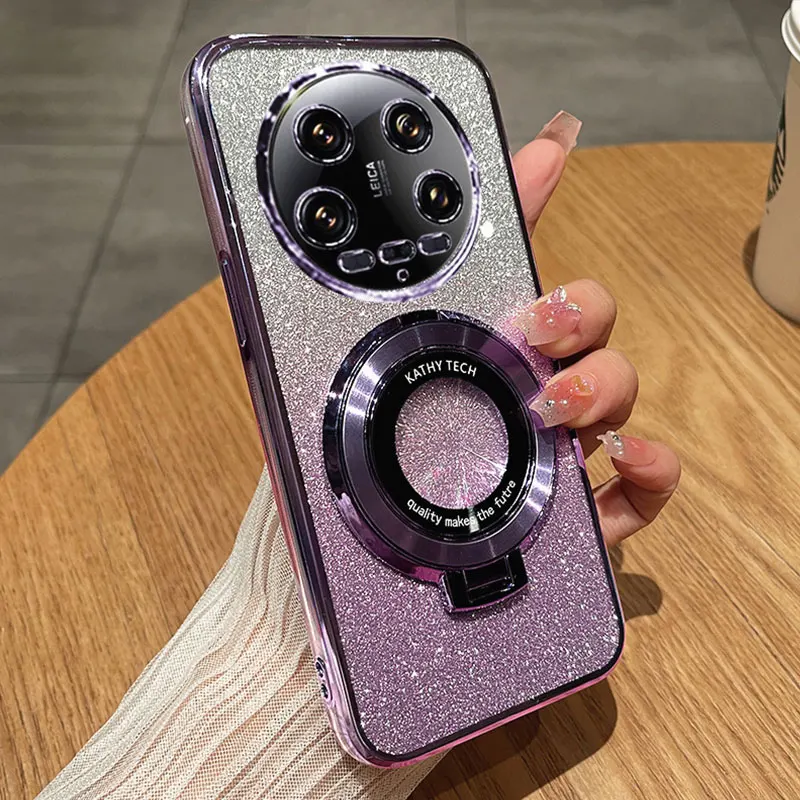 Mi 14 Ultra 5G Case With Ring Magnetic Bracket,Luxury Glitter Cover For Xiaomi 14 Ultra 13T Pro Case Luxury with Holder 14ultra