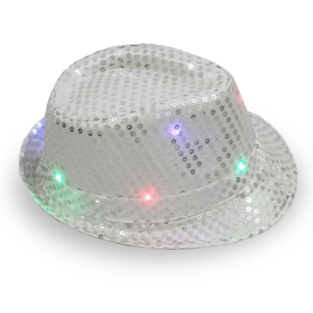 Imagem -06 - Unisex Led Piscando Jazz Cap Hip Hop Dance Show Chapéu de Lantejoulas Brilham no Escuro Fantasias de Festa Fedora Adereços de Palco Unissex 58cm