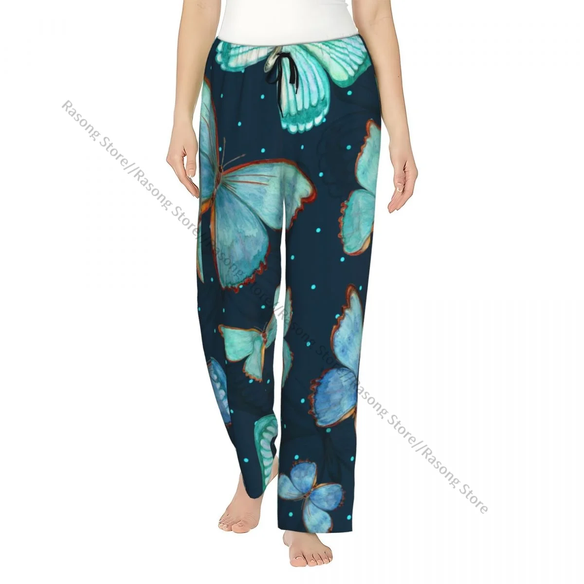 Cozy Flannel Pajama Pants for Women Retro Lovely Flying Butterflies Teal Painting Sleep Bottoms Home Loungewear