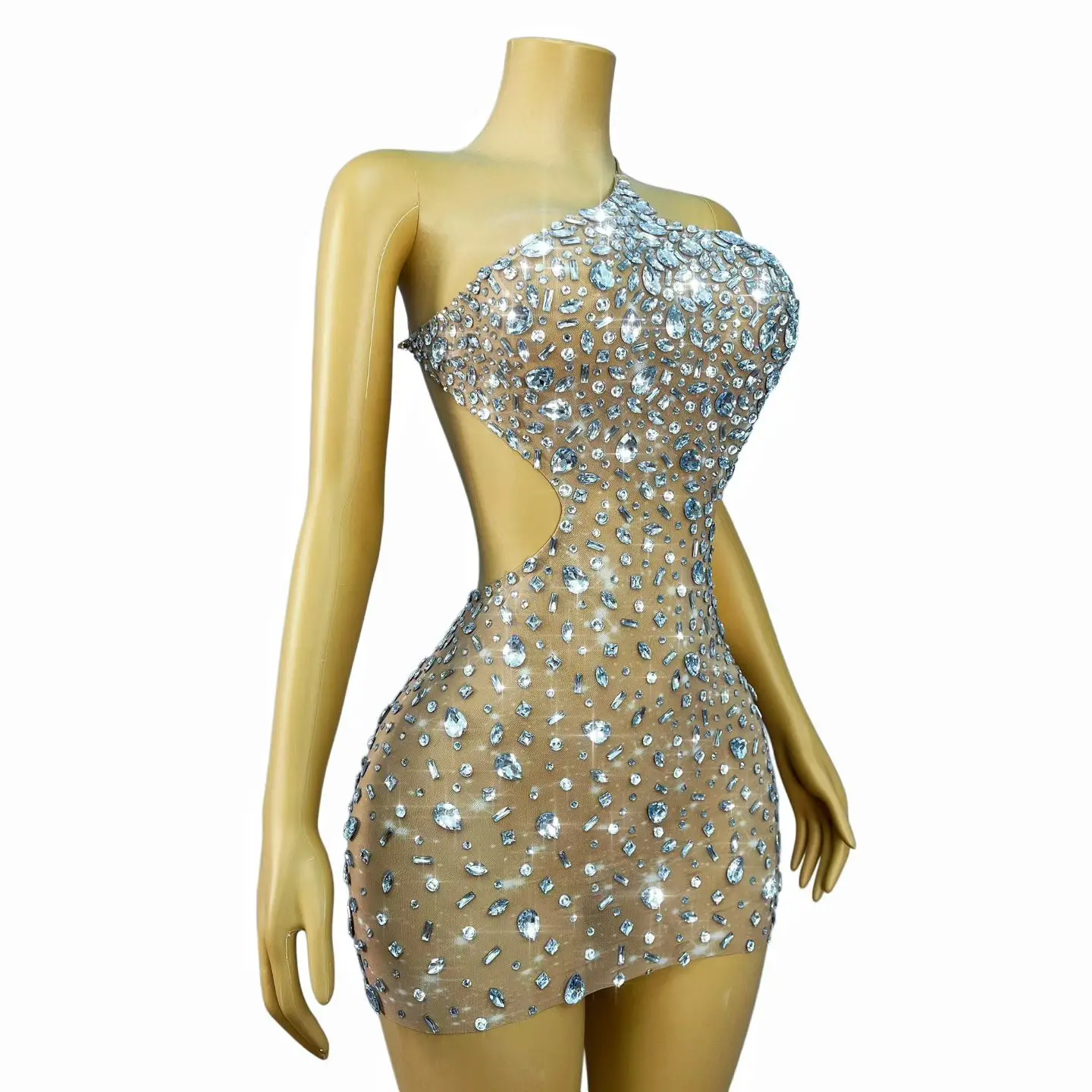 Xiaoxingshan Luxury Sky Blue Multi Size Crystal Rhinestone Mesh Short Dress Asymmetric Halter Hollow Torso Nightclub Rave Outfit