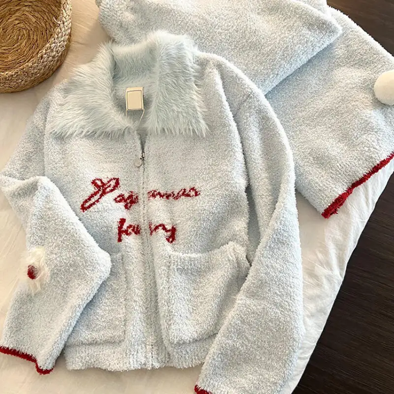 

Women's Pajama Set Autumn Winter Wearable As Outerwear Nightwear Thicken Homewear Keep Warm Coral Fleece Sleepwear Sweet Soft Pj