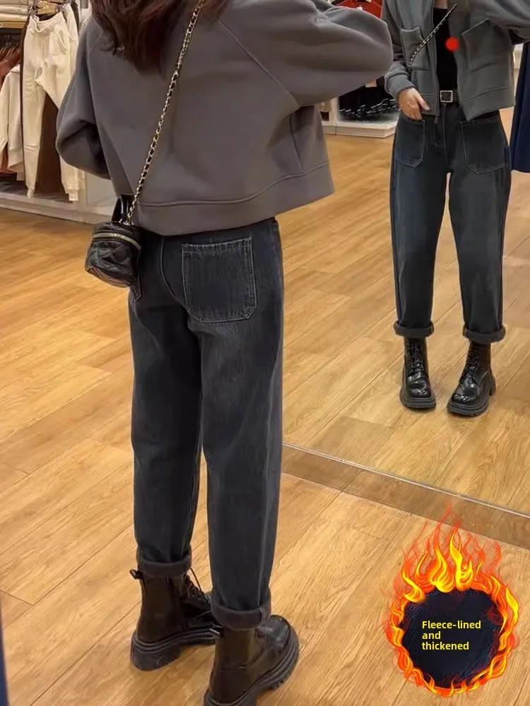 

Весенние джинсы-буткат с высокой талией для женщин, утепленные флисом, из эластичного хлопка, устойчивые к сминанию, больших размеров, с эффектом похудения