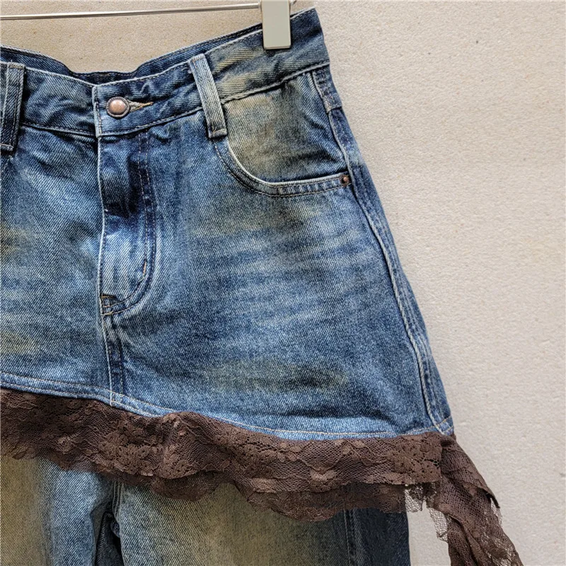 SuperAen 2026 Autumn New Design Simple Loose Lace Asymmetrical Patchwork Denim Straight Pants High Street Full Length Pants
