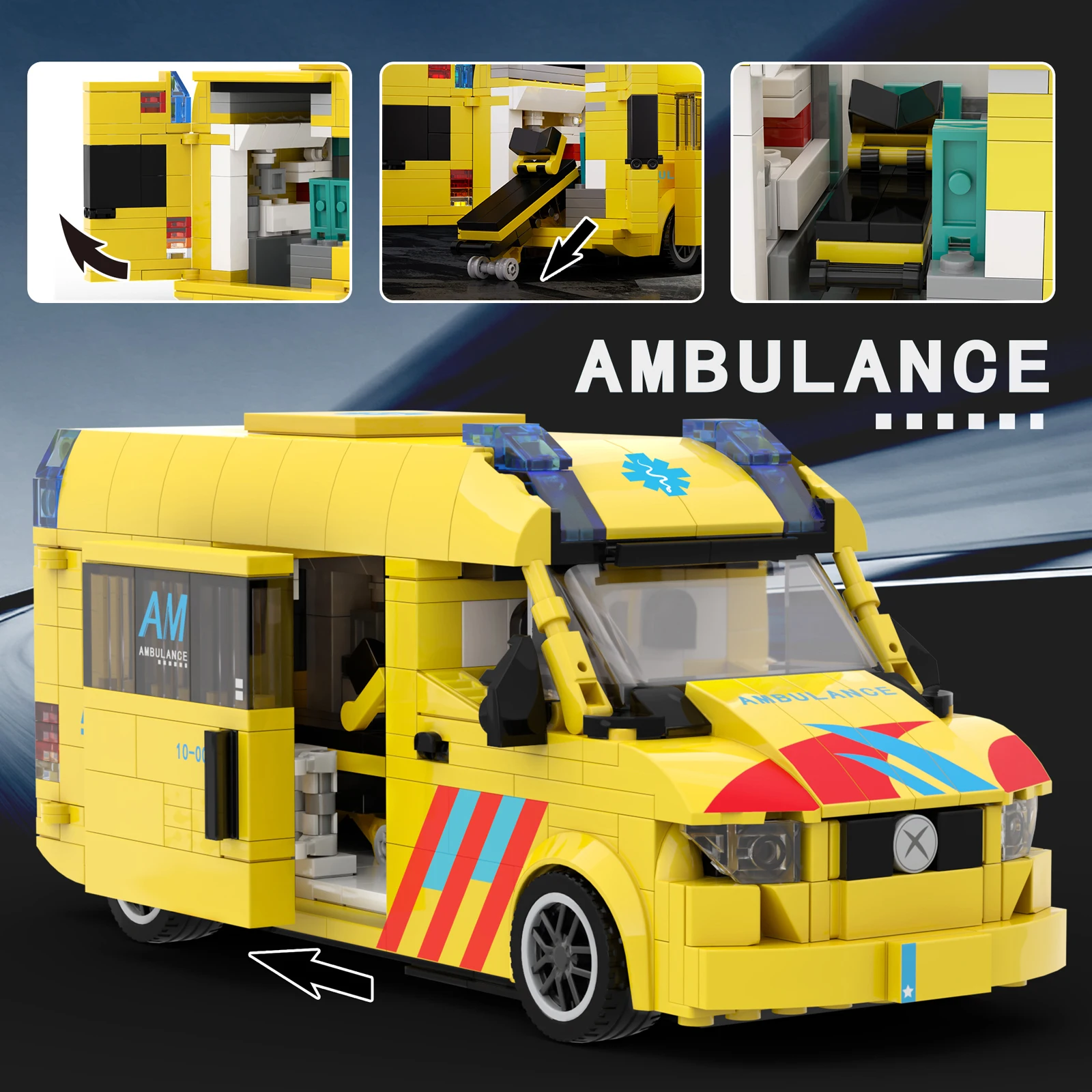 MOC Americano/Europieno Ambulanza Building Blocks Modello di veicolo simulato Ornamenti creativi Scena ospedaliera fai da te Ragazzi Giocattoli Regali