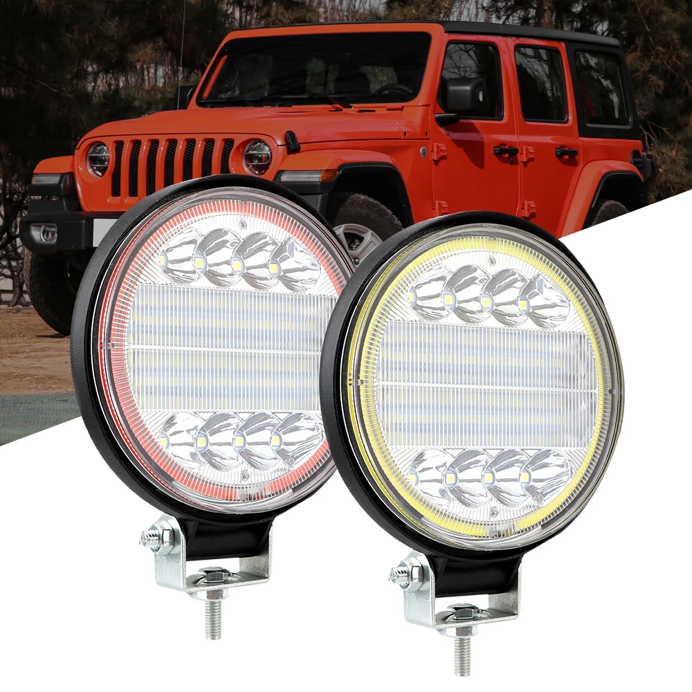 For 4x4 Offroad ATV UTV Tractor Angel Eyes Lamp Round Headlight Super Bright Car Light Assembly Work Light Bar 24LED 72W