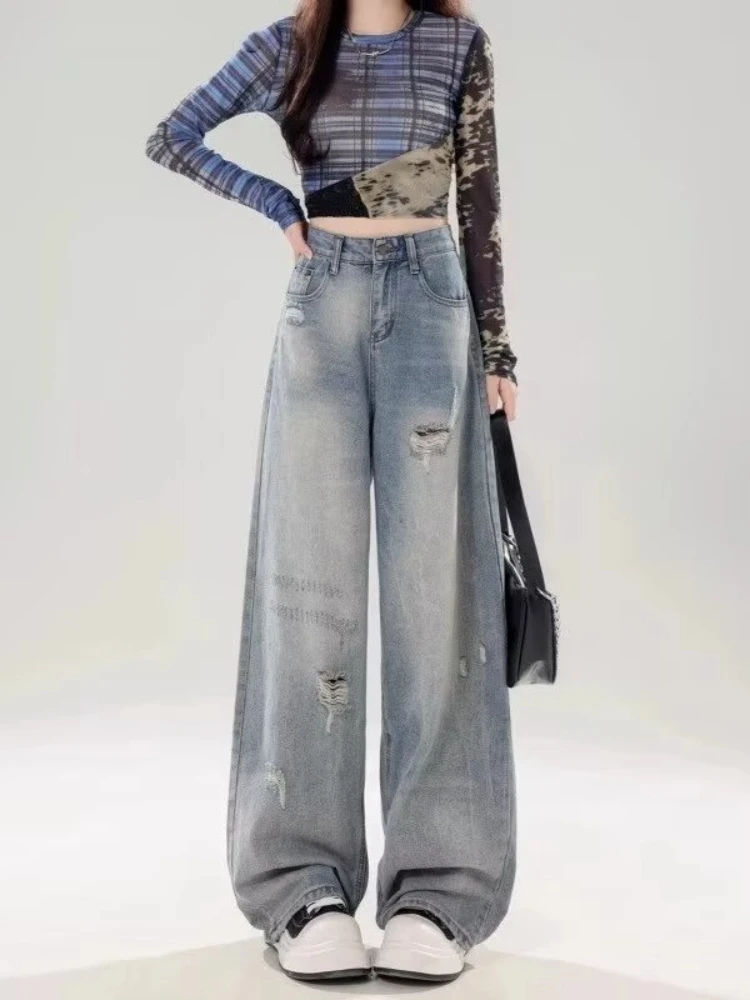 

American Retro Ripped Jeans for Women 2025 Summer Thin High Waist Slimming Loose Straight Wide-leg Floor Trousers Underpants
