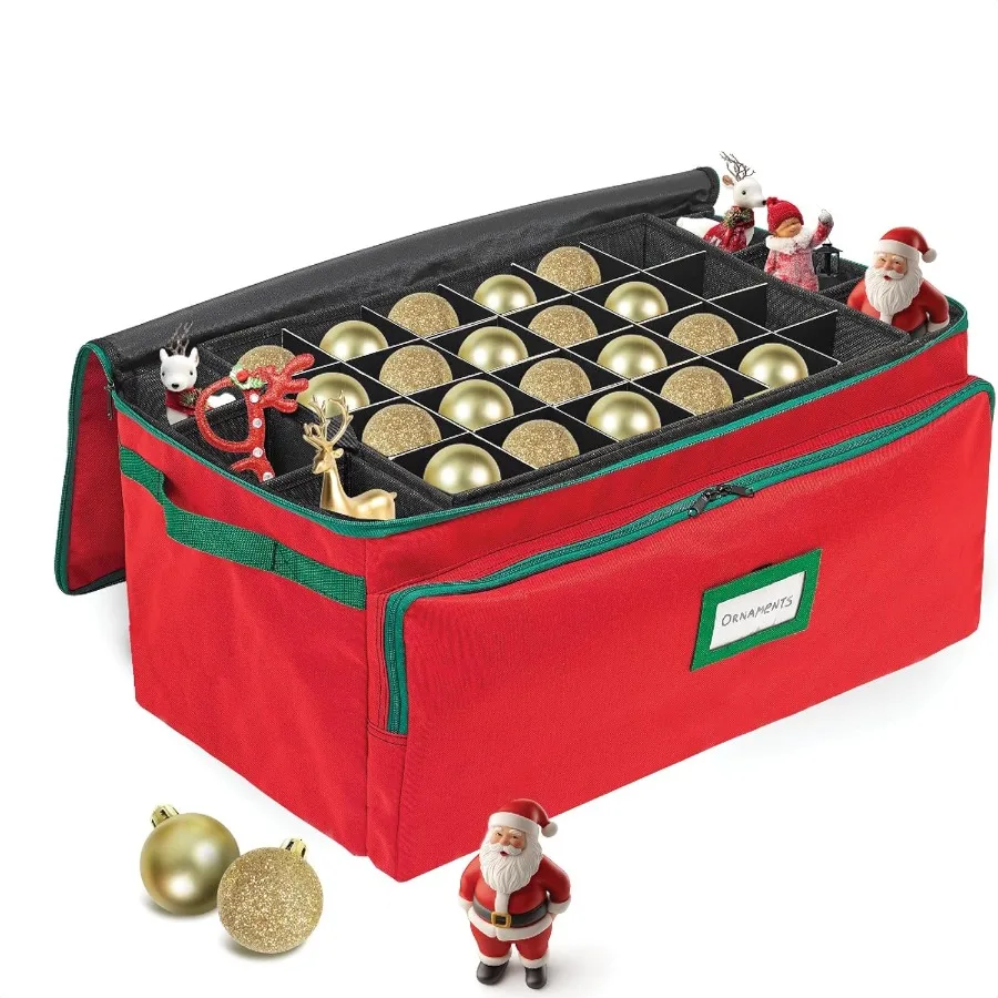 Premium Christmas Ornament Storage Box - Hold Up to 72-3 Inch Ornaments + 8 Side Slots for Figurines Nutcrackers etc. Holiday D