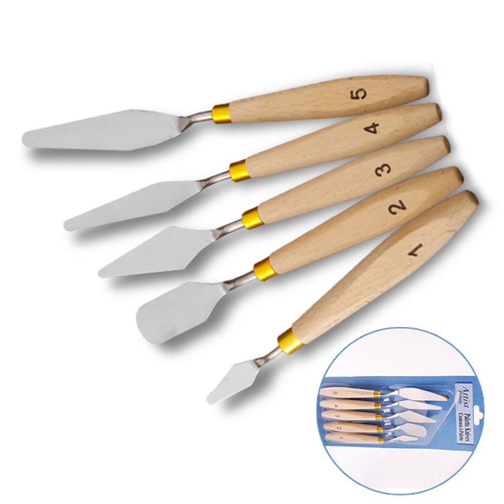 5Pcs Metal Painting Knives Set Stainless Steel Blades Wooden Handles Oil Paint Palette Tools for Art Class Canvas