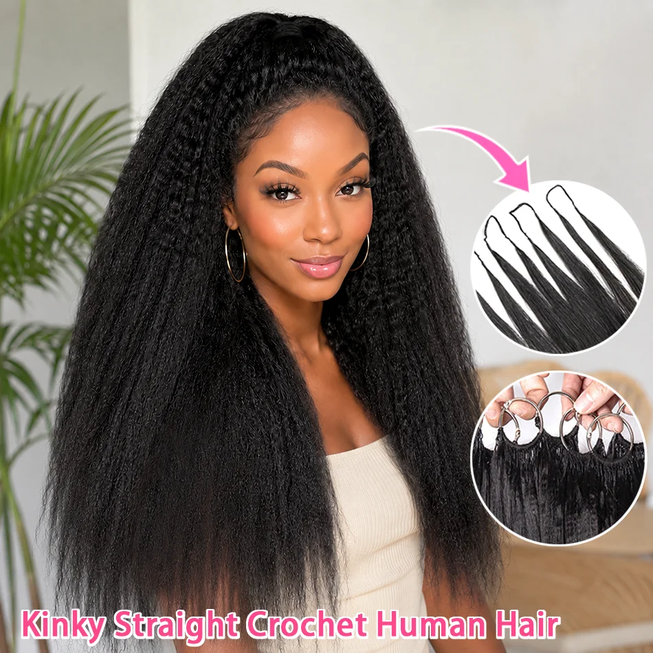 Smilegirl Kinky Straight Feather Crochet Human Hair Pre Separated Knotless Crochet Hair Micro Bundles With Loop For Reusable Boho Braids 30Inch 50Strands