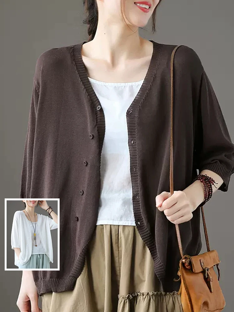 

Retro Artistic Color Ice Silk Knitted Jaet Women's Summer Large Size Loose Casual V-ne Versatile Open Cardigan Top