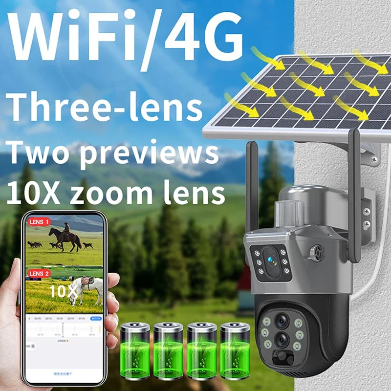 

12MP 4G WiFi Solar Camera Outdoor Wireless CCTV Surveillance IP Cameras With Solar Panel Three Lens PTZ Cam Security Protection