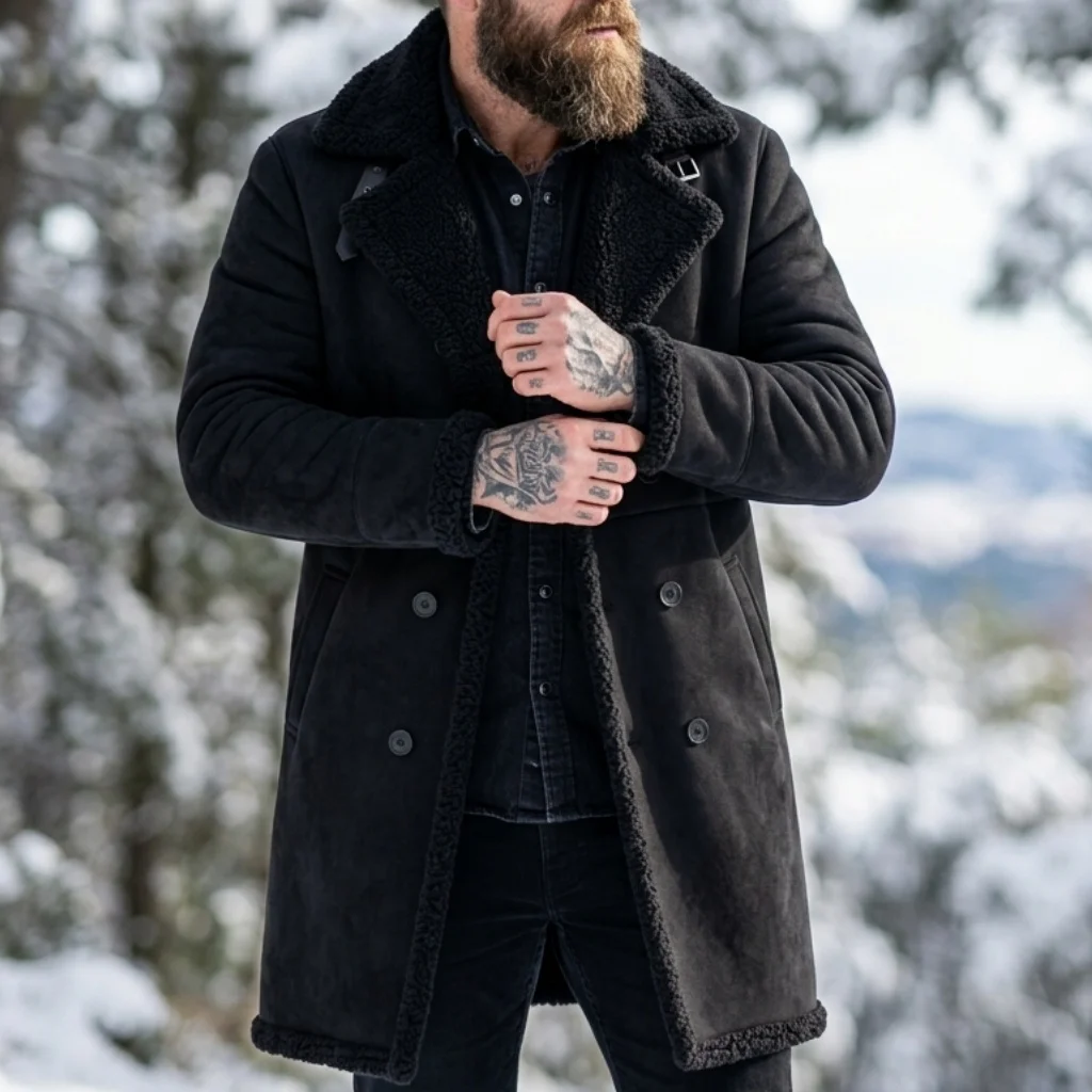 Men's Faux Suede Fur Lined Winter Jacket Windproof Double-Breasted Belted Trench Thick Warm Hunting Hiking Coat Winter Male Coat