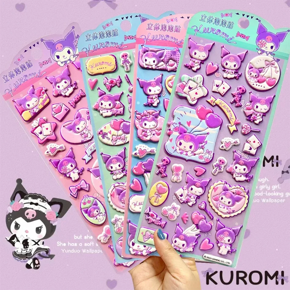 1/4 Piezas de Adhesivos de Algodón con Burbujas 3D de Kuromi Kawaii, Adhesivos Decorativos para Teléfonos Móviles, Tazas de Agua, Adhesivos para Cuentas de Estudiantes
