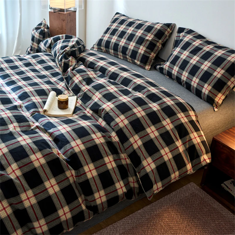 

100% Cotton Yarn-Dyed Duvet Cover Set, Plaid Washed Cotton Bedding Set, Soft Breathable Fade Resistant Quilt Cover & Pillowcase