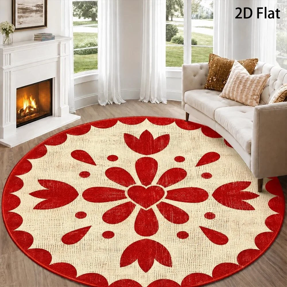 Farmhouse Red Floral Heart Motif Round Area Rug, Rustic Woven Texture Circular Floor Mat, Country Style Carpet for Living Room