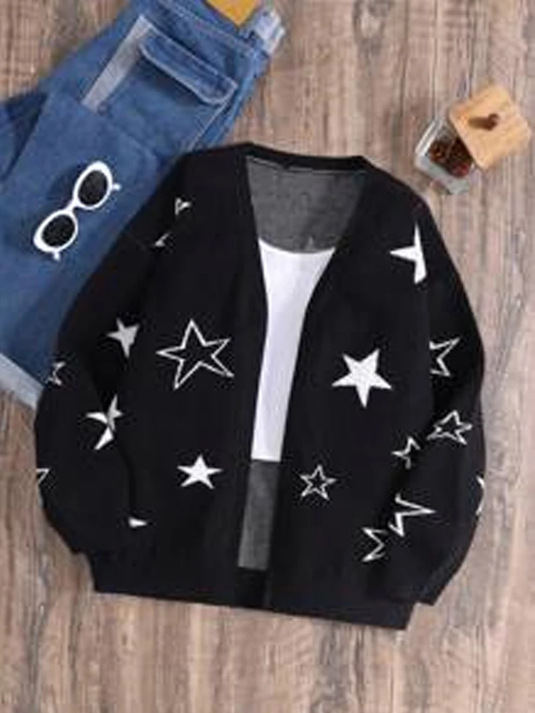 2024 new autumn and winter trendy brand fashion casual star pattern loose knit cardigan sweater jacket women's clothing