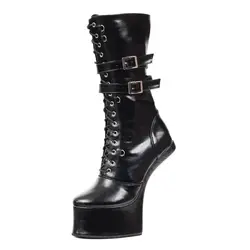 jialuowei 18CM Super High Horse Heel Hoof Sole Platform Sexy Fetish Cross-tied Mid-Calf Boots