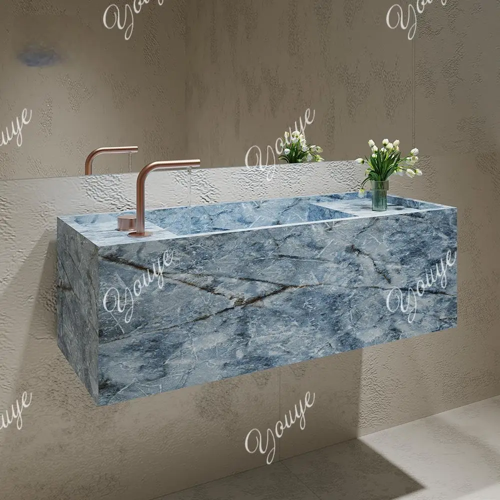

Ice Silk Blue Jade Bathroom Vanity: Thin Edge Quartz Stone Sink, Undermount Design with Customizable Depth for Small Apartments​
