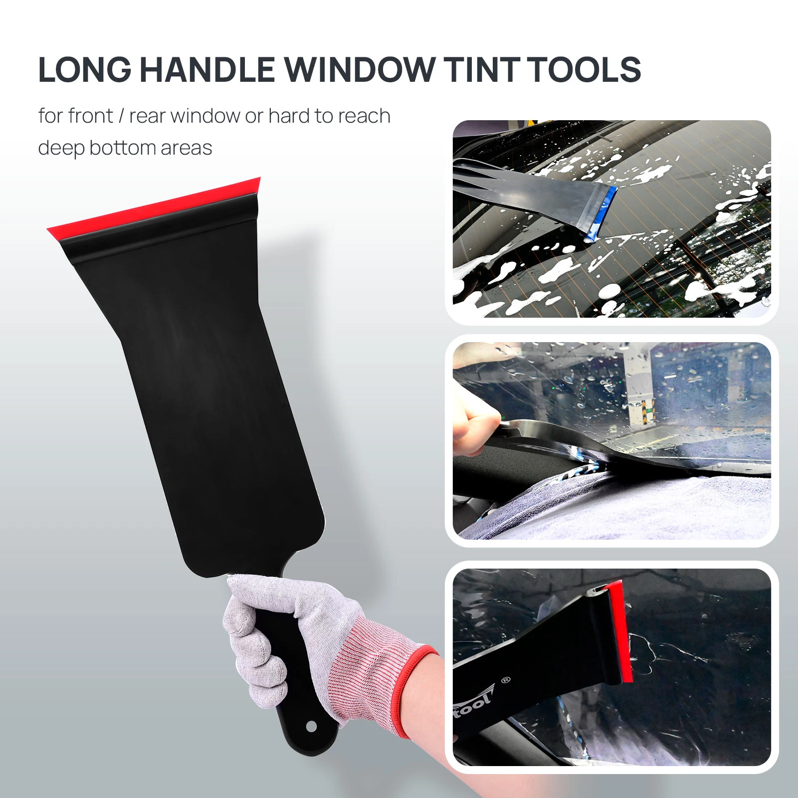 FOSHIO 1/3pcs Long Handle Cleaning Squeegee Shovel Front Rear Window Tinting Scraper Bulldozer Carbon Fiber Vinyl Car Wrap Tool