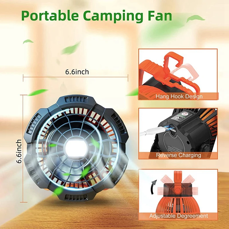 Camping พัดลมโคมไฟ LED,25ชั่วโมงแบบพกพาพัดลมที่ใช้แบตเตอรี่ Hang Hook,ชาร์จเต็นท์กลางแจ้งพัดลม