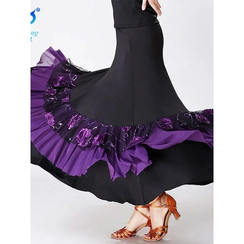 Mulheres flamenco vestido de prática de salão espanhol fantasia dança do ventre wear lantejoulas flor bordado plissado grande asa saia de palco cigano
