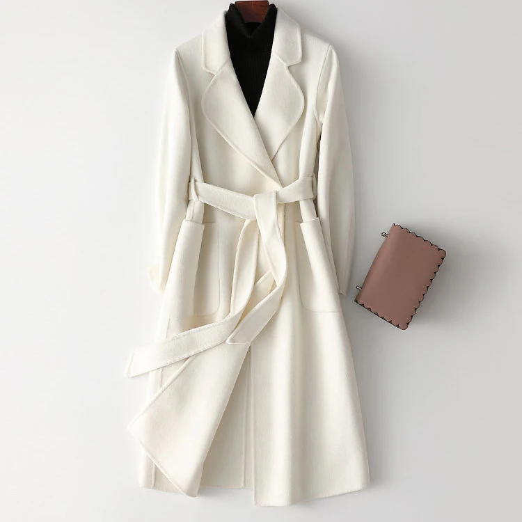 2024 Women White Woolen Coats Turn Down Collar Drouble Face Cashmere Coat  Loose Style Winter Clothes Long Coats Tops New