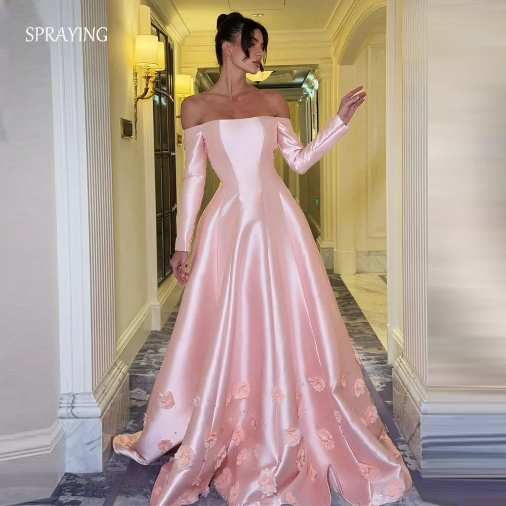 

SPRAYING Pink Satin 3D Flower Saudi Arabia Evening Dress Off Shoulder Party Dress A line Long Formal Occasion Dress Customized