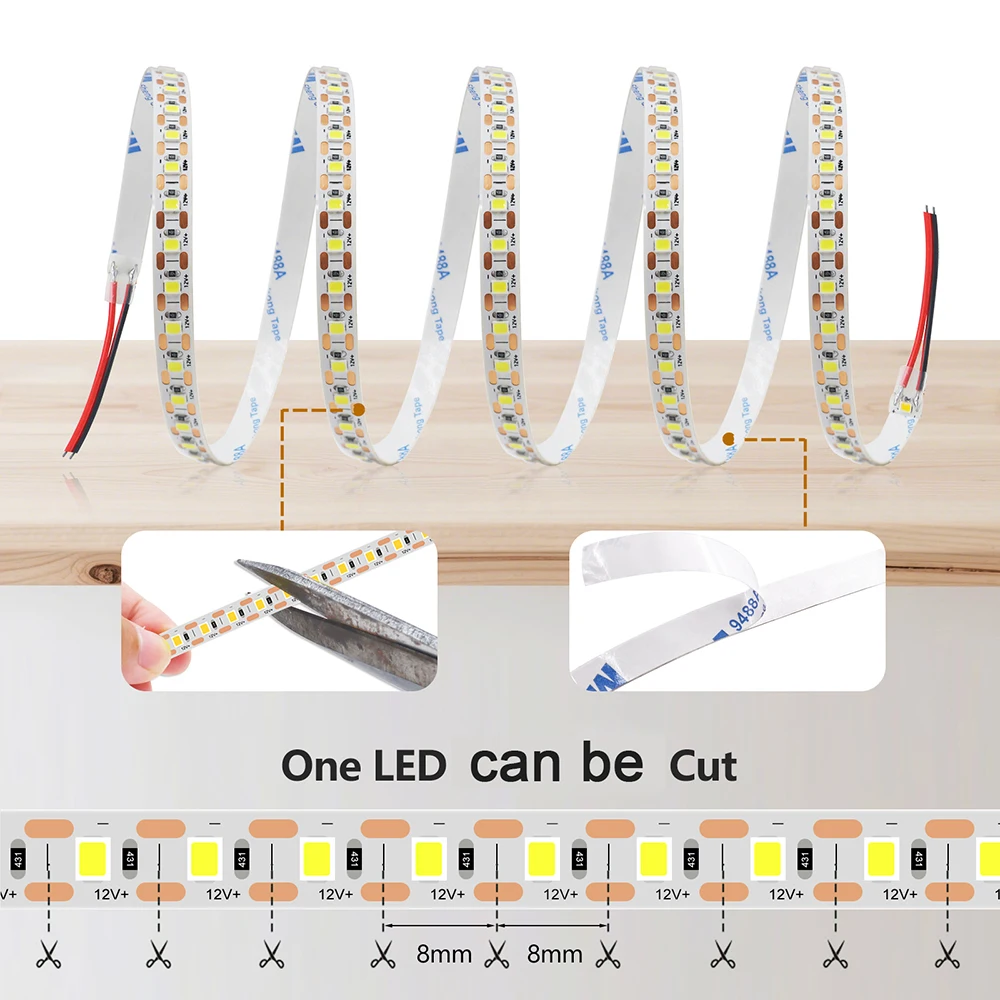 5mm 8mm PCB Led Strip Light 1 LED Cut 12V 24V 5m 2835 SMD 120LEDs/m High Brightness Flexible Tape LED Lighting Ribbon for Home