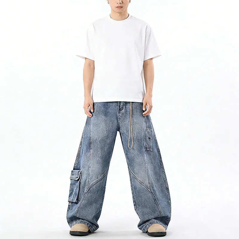 Large Pocket Splicing Workwear Jeans Men'S Straight-Leg Pants Loose Curved Jeans Retro High Street Wide Leg Pants