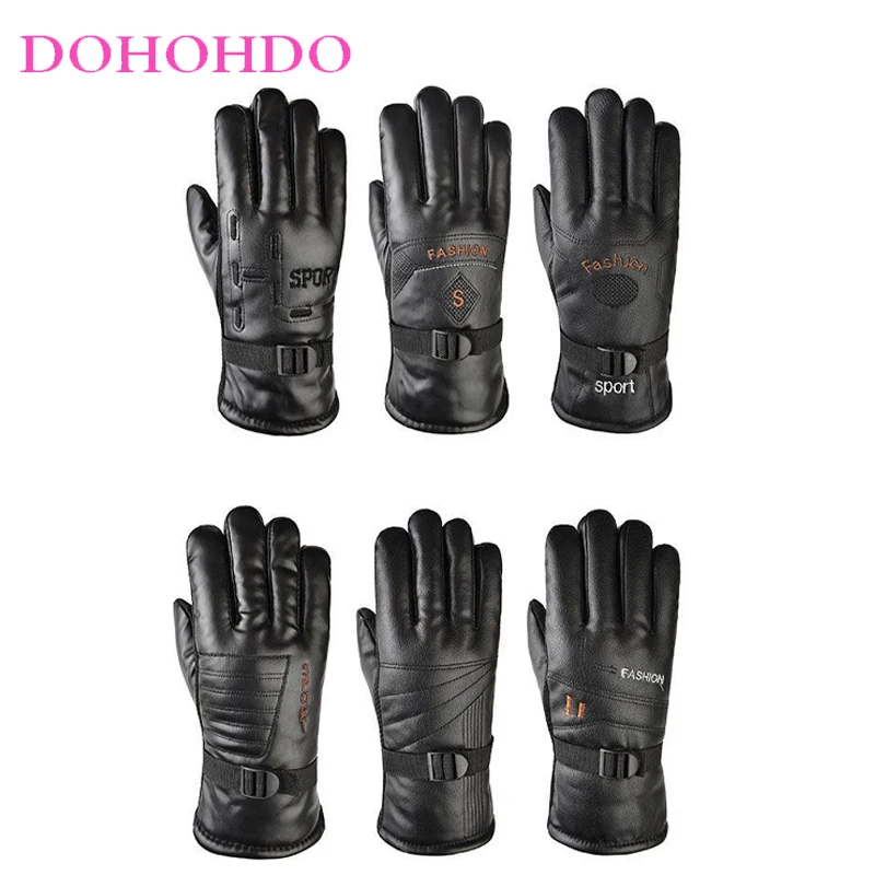 الشتاء زائد المخملية سماكة عدم الانزلاق الدافئة مقاوم للماء يندبروف ركوب الرجال دراجة نارية قفازات جلدية قفازات سوداء دافئة Guantes #6