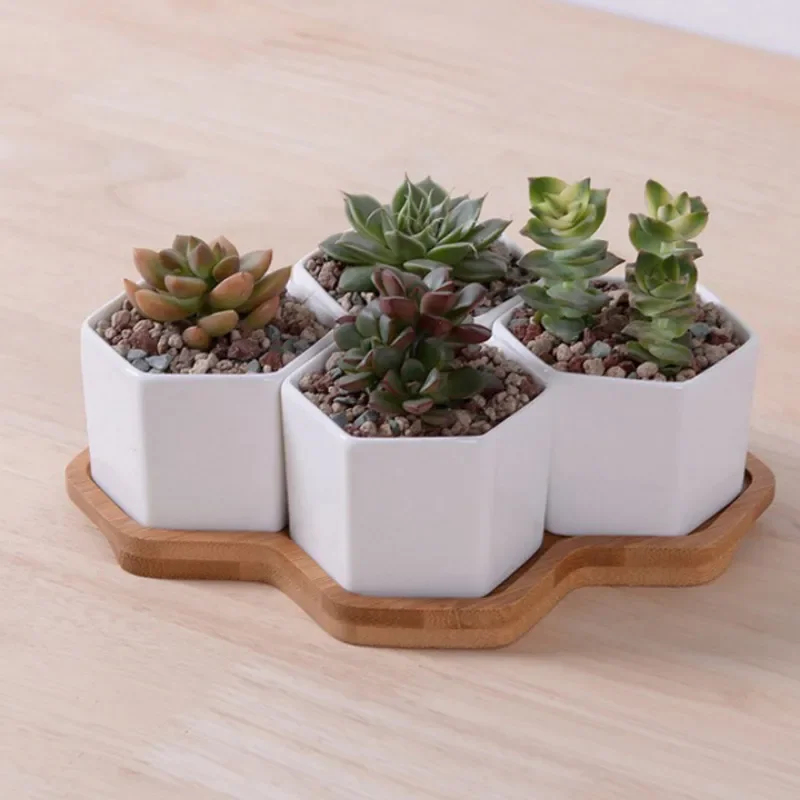 Set of 4/7/9/10 Hexagon Flowerpots White Ceramic Succulent Plant Pot with Bamboo Stand Home Office Christmas New Year Decoration