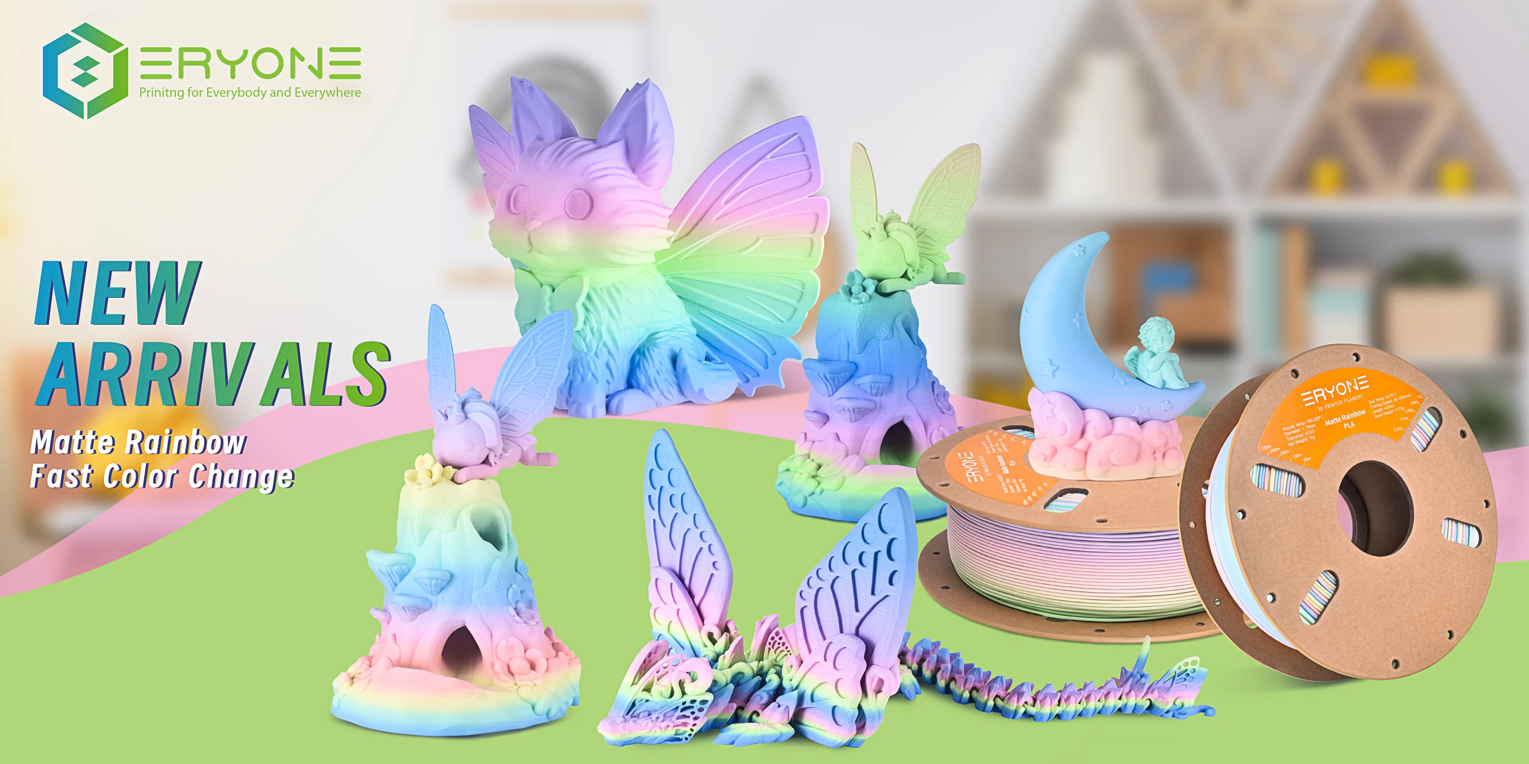 ERYONE 5KG Matte Rainbow PLA 3D Print Premium Filament, Macaron+Watercolor, PLA Matte Rainbow Filament Wholesale Big Sale